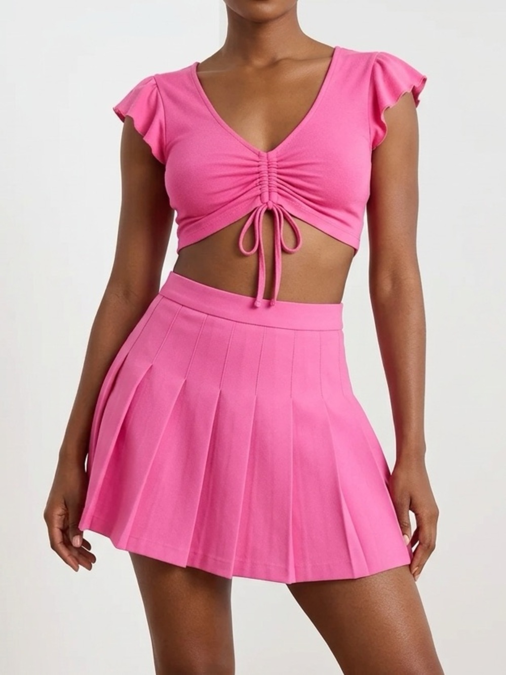 Outfit! Barbiecore Ruched Crop Top and Pink Pleated Tennis Skirt Size 0 Small